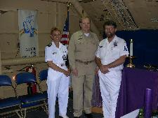 Chaplain D.Dunn RAN R, and Chaplain Marshall USN and PO Paul Graham visit the chapel onboard Abe Lincoln before the exchange.